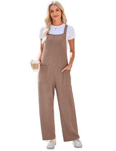 Image of SotRong Womens Summer Wide-Leg Pinstripes Jumpsuit with Pocket Casual Loose Overalls Lightweight and Comfortable Playsuit Adjustable Straps Stylish Sleeveless Boho Romper Brown S