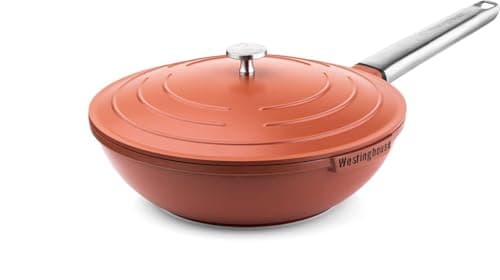 Image of Westinghouse Performance Series WCCW0095028OR Wok Pan with Lid - 28 cm Wok Pan Suitable for Induction Cookers, All Hobs and Oven-Safe - Cool Touch Stainless Steel Handle - Red