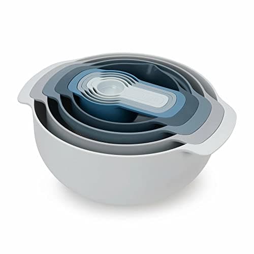 Image of Joseph Joseph Nest 9 Plus, 9 Piece Compact Food Preparation Set with Mixing Bowls, Measuring cups, Sieve and Colander, Blue