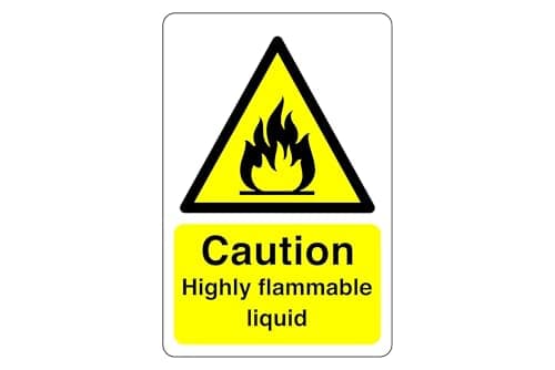 Image of Safety First Display LTD Caution highly flammable liquid sign - High tack self-adhesive sticker (200mm x 150mm) Viewing Distance within 5m.