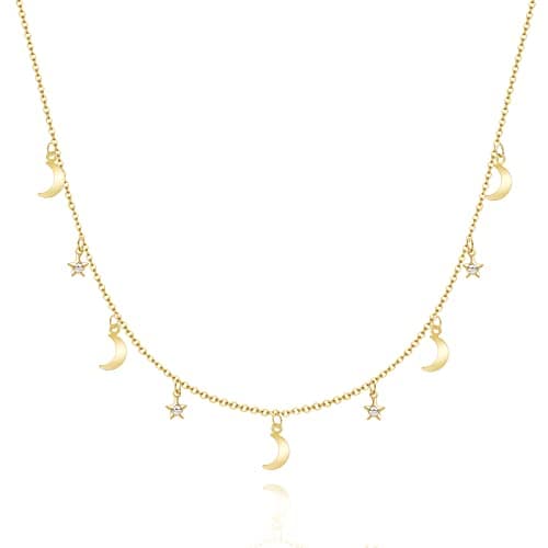 Image of KissYan Gold Choker Necklaces for Women, 14K White Gold Station Necklace Silver Dainty Diamond Cubic Zirconia Pearl Moon and Stars Chain Adjustable Simple Trendy Sparkle Chic Fashion Jewelry Gifts