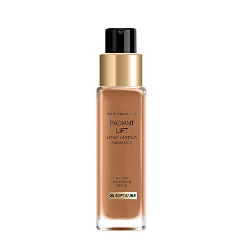 Image of Max Factor Radiant Lift Liquid Pump Medium to Full Coverage Radiant Finish Foundation with SPF30 and Hyaluronic Acid, 100 Soft Sable, Dark Skin Tone, 30ml