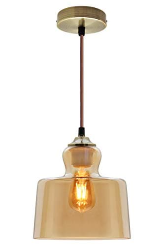 Image of Vintage Antique Brass Pendant Light Smoked Glass Ceiling Lamp Shade Amber M0225F