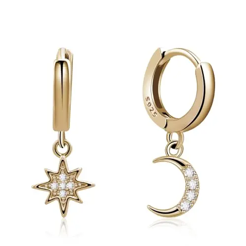 Image of 14K Gold Plated Moon and Star Earrings Huggie Hoop Earrings 925 Sterling Silver Hoop Earrings Handmade Drop Dangle Earrings for Women Girls