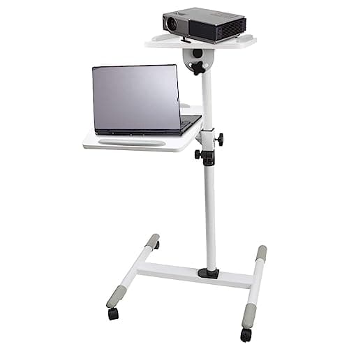 Image of Properav Mobile Desk Workstation & Projector Trolley - White | Moveable On Caster Wheels | Adjustable Height 850-1100mm | 10kg Capacity | For Laptop, Projector, Consoles & More
