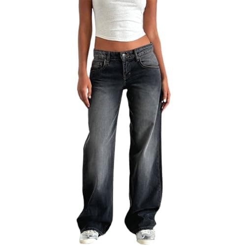 Image of Yassiglia Women's Baggy Jeans Y2K Low Rise Wide Leg Jeans Boyfriend Jeans for Women Casual Baggy Trousers with Pocket (UK, Alpha, XS, Regular, Regular, Dark Grey A)