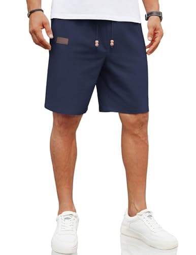 Image of COOFANDY Mens Shorts Linen Summer Shorts with Drawstring Short Pants Casual Beach Short Trousers Elastic Waist Solid Regular Fit Navy Blue M