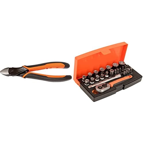 Image of Bahco 2101G-180 2101G Ergo Side Cutting Plier, 180mm Length & SL25 Ratchet Socket Set, Metric 1/4" Drive, 25 Pieces