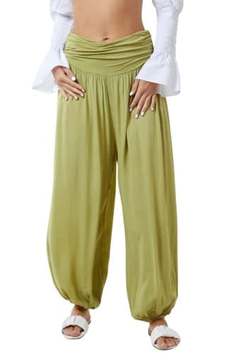 Image of STAR FASHION Womens Italian Hareem Trouser Ladies Full Length Plain Baggy Harem Ali Baba Pants Jersey Waistband Casual Wear Olive Green 12-14