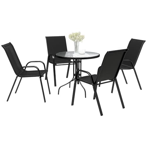 Image of Outsunny 5 Pieces Garden Dining Set, 4 Seater Garden Furniture with High Back Stackable Chairs and Round Glass Top Table, Outdoor Bistro Set with Parasol Hole for Patio, Black