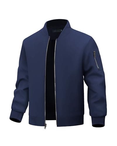 Image of Autsel Men's Bomber Jacket Casual Lightweight Windbreaker Stand-up Collar Outwear Spring Autumn Sportwear Navy Blue XL