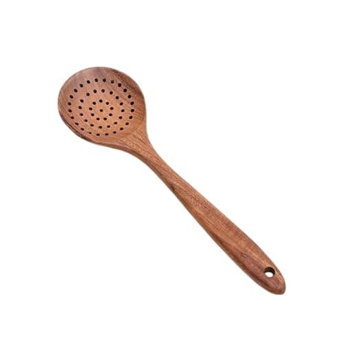 Image of Utensil Set Wooden Cooking Utensil Teak Slotted Spoon For Cooking Natural Wood Colander Spoon With Holes Long Handle Teak Strainer With Teeth For Straining Draining Egg Meat (Brown, 28. 5x8cm)