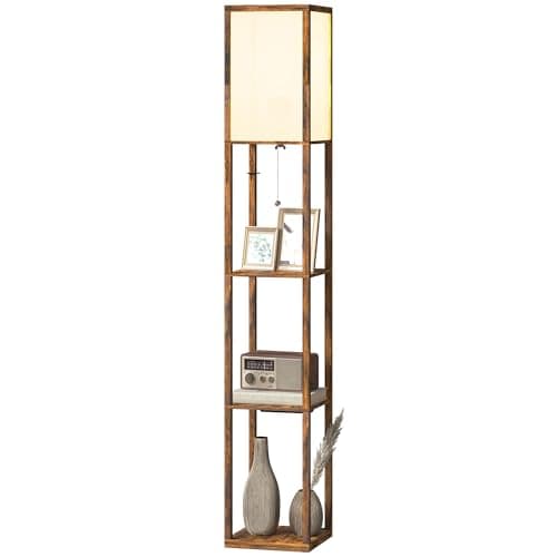 Image of HOMCOM 3-Tier Floor Lamp with Shelves and Storage, Modern Corner Standing Lamp with Lampshade, Reading Light with Foot Switch for Living Room, Bedroom, Home Office, LED Bulb Included, Brown