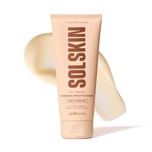 Image of SOLSKIN Gradual Tanning Moisturiser with Aloe, Hyaluronic Acid & Vitamin E, Hydrating Daily Body Lotion for Sensitive Skin, Buildable | 200 ml (Light to Medium)