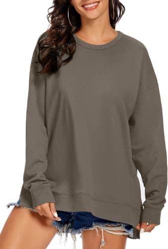 Image of APEIYU Women Crew Neck High Low Long Sleeve Sweatshirts Loose Fit Solid Color Side Split Knit Pullovers Tops Espresso L