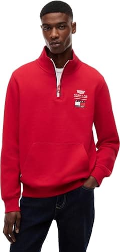 Image of Tommy Hilfiger Unisex Sweatshirt with Zip TH X Cadillac F1 Logo Half Zip with Chest Pocket, Red (Red), XL