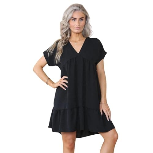 Image of Women's Ladies Short Sleeve Summer New V Neck Frill Swing Layered Smock Pleated Ruffle Mini Casual Loose Long T-Shirt Dress Ladies Holiday Beach Tops Black 20-22