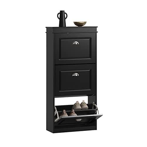 Image of SoBuy Shoe Storage Cabinet Organizer Narrow Shoe Cabinet with 3 Flip Drawers, Slim Storage Unit for Hallway, Entryway, Corridor, Small Spaces, MDF Wooden Cupboard, Black 53x24x117cm FSR94-SCH