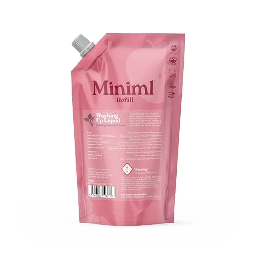 Image of Miniml Eco Washing Up Liquid 1L Refill Rhubarb & Lemon Skin Sensitive Friendly Dish Wash Cleaner Plant Based Vegan Cruelty Free Natural Cleaning Products (100 Washes)