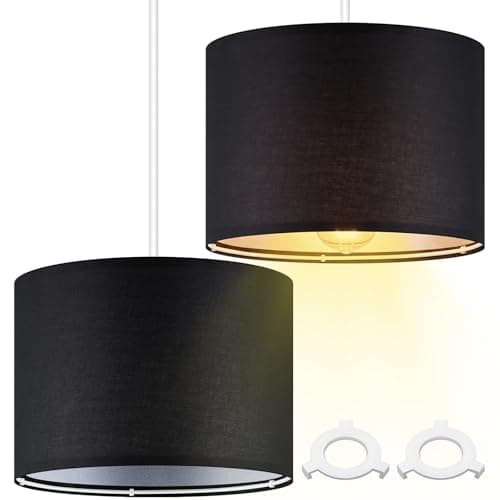 Image of Weewooday 2 Pcs Fabric Lampshade for Ceiling Lights Pendant Modern Drum Lamp Shades for Table Floor Bedroom with E27 to E14 Adapter Ring (Black,10 Inch)