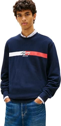 Image of Tommy Jeans Men's TJM Reg Sign Stripe Cnck Ext DM0DM23019 Pullover Sweatshirt, Blue (Dark Night Navy), L