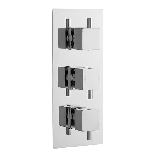 Image of Balterley Concealed Thermostatic Shower Valve with Diverter, Square Lever Handles with Rectangular Plate Bathroom Shower Valve, Triple Control 3 Outlet Valves - 120 x 136 x 280mm (Chrome)