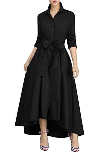 Image of VERWIN Women Long Sleeve Loose Elegant Maxi Dress Button Down Up Shirt Long Dress with Pockets and Belts (Large, Black)