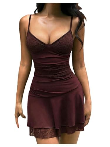 Image of GORGLITTER Women's Deep V Neck Tiered Ruffle Mini Cami Dress Lace Sleeveless Ruched Flared Sexy Going Out Dresses Brown Small