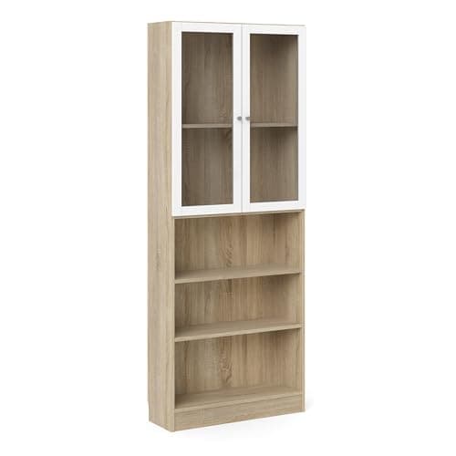 Image of Furniture To Go Basic Tall Wide Display Cabinet in Oak (4 Shelves) with 2 Glass White Doors