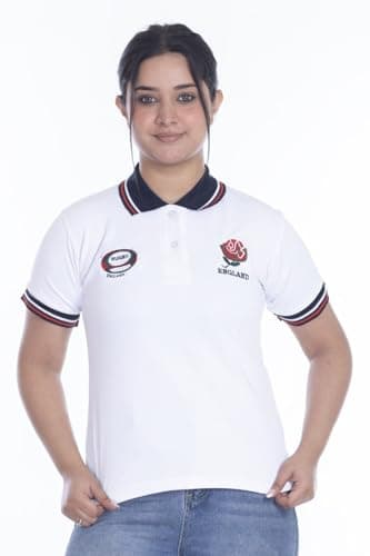 Image of New Model UK Women England Rugby Fan Supporter T Shirt Button Down Collar Style Short Sleeve Size 8-10 to 24-26 (S to XXL) (L, White)
