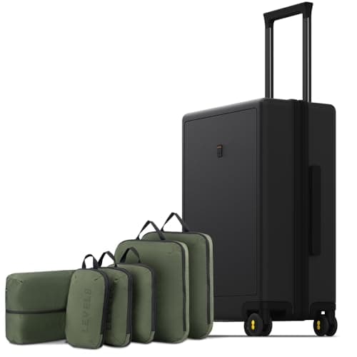 Image of LEVEL8 Carry on Suitcases with 6PCS Travel Packing Cubes, 100% PC Trolley Case Micro-Diamond Textured Design 8 Spinner Wheels Hard Shell, TSA Approved Cabin Luggage (50cm, 40L,Dark Black)