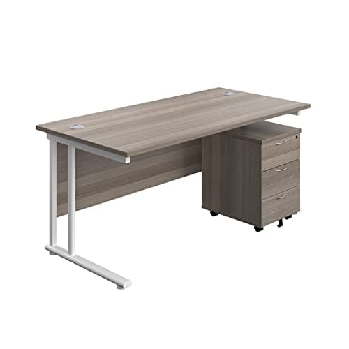 Image of Office Hippo Heavy Duty Rectangular Cantilever Office Desk, Home Office Desk With 3 Drawer Lockable Mobile Pedestal Cabinet, File Cabinet, 5 Yr Wty, White Frame, Grey Oak, 160 x 80 cm