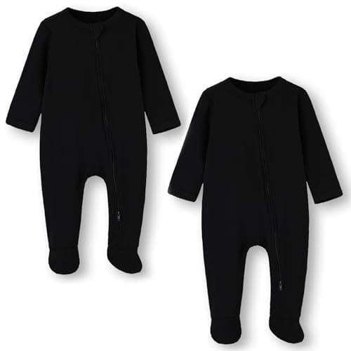 Image of BINUDUCKLING Baby Boys Girls Two-Way Zip Sleepsuit, Baby Footed Pajamas with Mitten Cuffs - Cotton Baby Onesies Long Sleeve Zip Up Baby Grows 3-6 Months, Black&2pack
