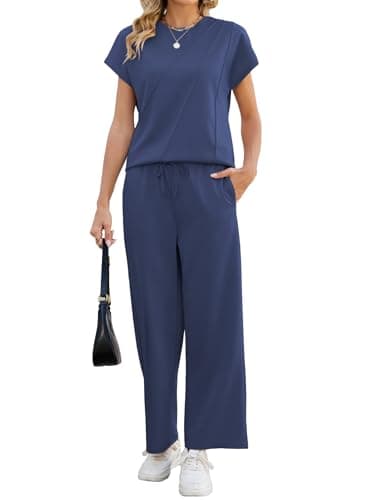 Image of Famulily Summer 2 Piece Outfits Tracksuit Womens Full Set Pleated Front Leisure Suit Ladies Stylish Co Ord Sets Navy XL