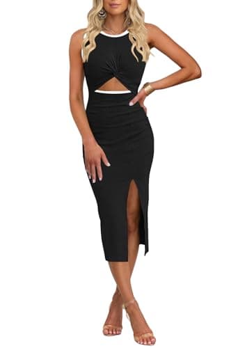 Image of MISSJOY Women's Sexy Sleeveless Bodycon Dress Crew Neck Party Formal Ribbed Midi Tank Top Dresses with Cut Out Waist Black White X-Large