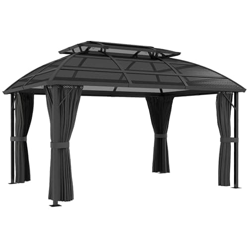 Image of Outsunny 4 x 3(m) Polycarbonate Gazebo Outdoor, Hardtop Garden Patio Gazebo with Curtains, Nettings, Double Roof, Aluminium Frame for Lawn, Yard, Patio, Deck, Black