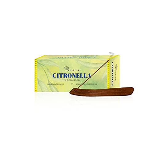 Image of Seasons 50 Citronella Incense Sticks for Home, Kitchen, Outdoors, Bars, Office, Gift and more; keep Bugs and Insects away, comes with Wooden Incense Stick Kit Holder (Pack of 50)