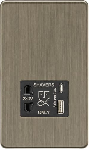 Image of Knightsbridge Shaver socket with dual USB A+C (5V DC 2.4A shared) - Antique Brass