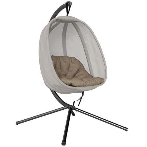 Image of Outsunny Hanging Egg Chair, Folding Texteline Swing Hammock with Side Pocket, Cushion and Stand for Indoor Outdoor, Patio Garden Furniture, Khaki