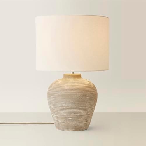 Image of ValueLights | Reid Linen Drum Lamp Shade Stone Grey Ribbed Ceramic Large Table Lamp | Table Lamps, Home Décor & Improvement Essential