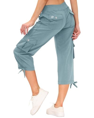Image of MoFiz Womens Cropped Trousers Capri Crop Pants Ladies Shorts 3/4 Length Trousers Active Sports Joggers Pants with Pockets Grey-Blue Size M