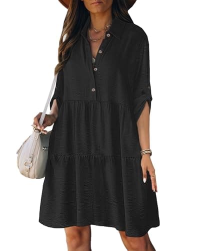 Image of Bsubseach Womens Casual Dresses Button Down 3/4 Sleeve Sundresses A-Line Ruffled Shirt Dress Spring Outfits Black XXL