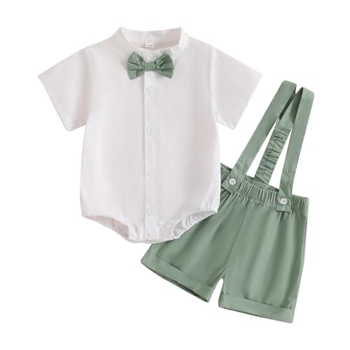 Image of XIXIMAON Baby Boys Summer Outfit Solid Color Short Sleeve Mock Neck Bow Tie Romper Suspender Shorts 2pcs Infant Gentleman Shirt Shorts Clothes Set (Green, 12-18 Months)