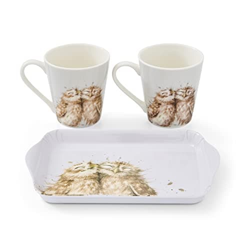 Image of Pimpernel x Wrendale Designs Set of 2 Mugs and Tray Set - Porcelain & Melamine, Suitable for Tea or Coffee Time with Your Partner, Owl Design by Artist Hannah Dale, 180ml