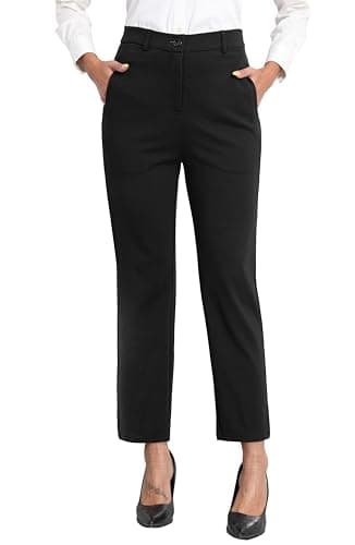 Image of GRECERELLE Womens Work Trousers Office Smart Stretchy High Elasticated Waist Straight Leg Casual Yoga Pants for Women UK with Pockets Zipper (Black, M)