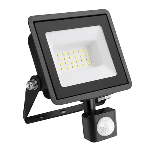 Image of Bright Source LED Floodlight, PIR Motion Sensor, IP65, 20W, 2200lm, 120° Beam Angle, 6500K Daylight White, Black, with Adjustable Tilt Mounting Bracket & 1m Lead Wire
