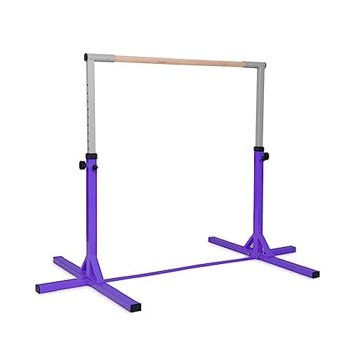 Image of GYMAX Kids Adjustable Gymnastics Horizontal Bar, Children Sport Training Bar with Durable Beech Wood Bar and Steel Pole, Junior Kip High Bar for Home Garden (Purple)