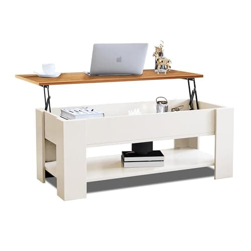 Image of Coffee Table With Storage, Lift Up Coffee Table For Living Room, Wooden Coffee Tables With 1 Shelf Large Hidden Storage Rectangular Lift-Top Sofa End Tea Table for Living Room Furniture, Cream / Pine