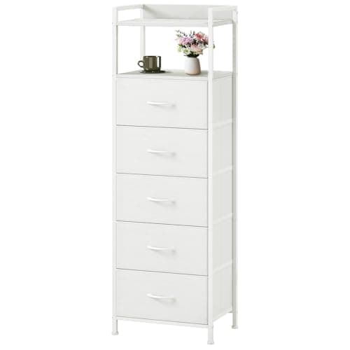 Image of Somdot Tall Chest of Drawers for Bedroom with 5 Drawers, Storage Unit with Fabric Drawers for Closet Bedside Dorm Kids Nursery Laundry Living Room Entryway Hallway, White Leather