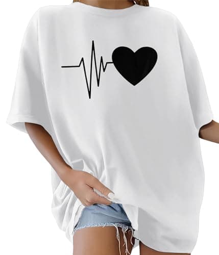 Image of Lonya Women's T-Shirts Round Neck Y2k 90s Oversized T Shirts for Women Ladies Short Sleeve Graphic Print Summer Baggy Plus Size Casual Cotton Tee Tops,Pure White,M